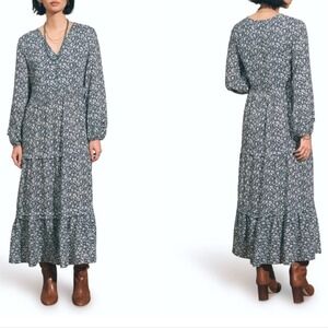 Faherty Dress Womens M Medium Navy Floral Maxi Boho Tiered NWT